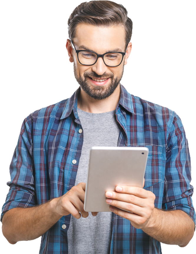 smiling man browsing on tablet