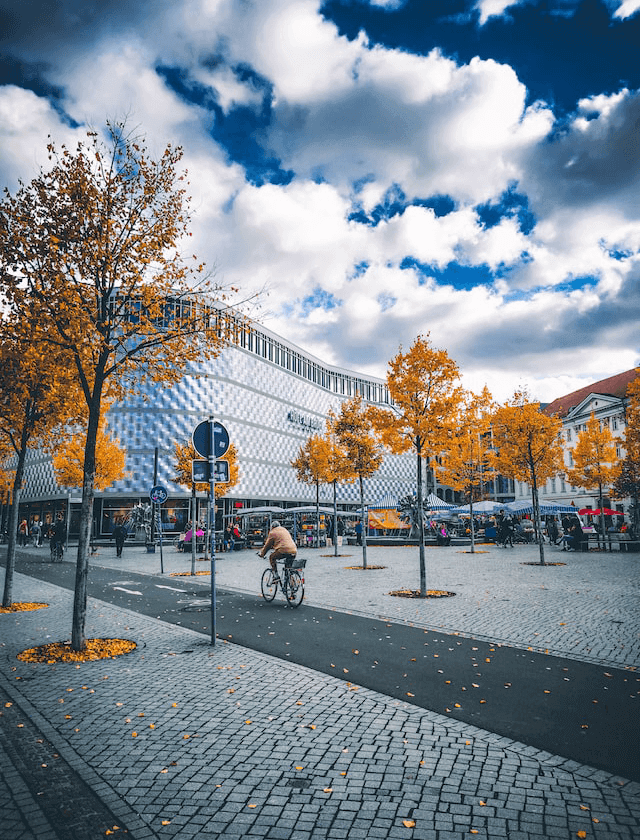 autumn cityscape with cyclist